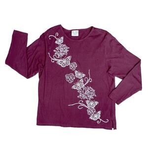 GOLD COAST Burgundy Purple Long Sleeve Butterfly T-Shirt Women’s Size XL